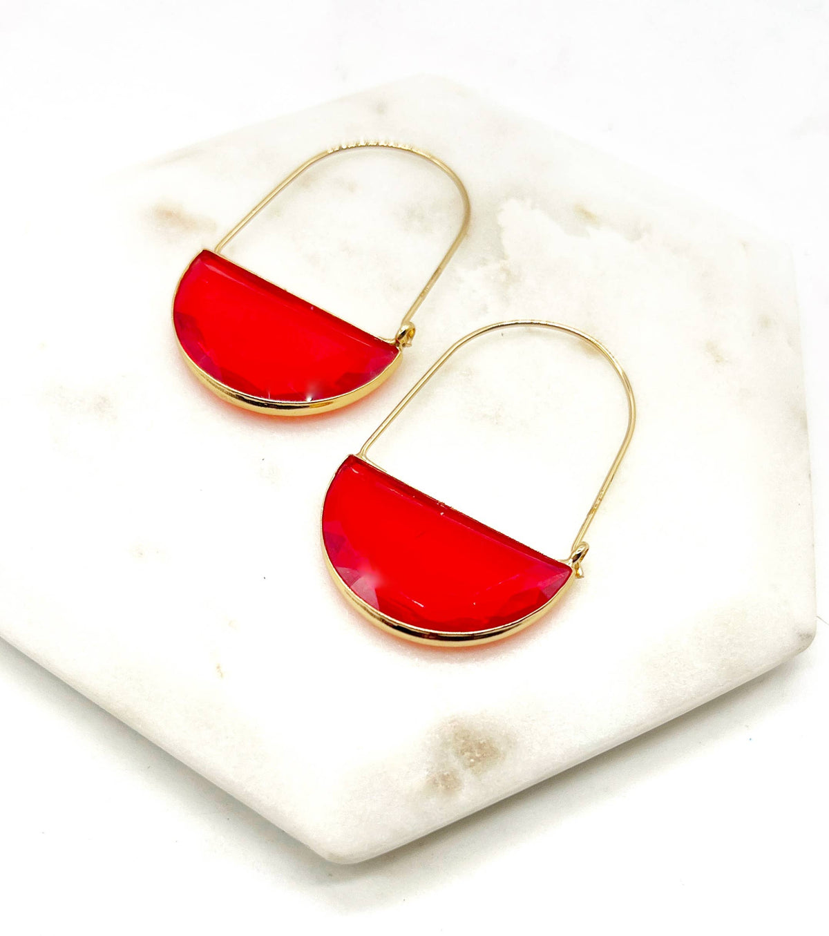Red Crimson Gold Gem Hoop Earrings