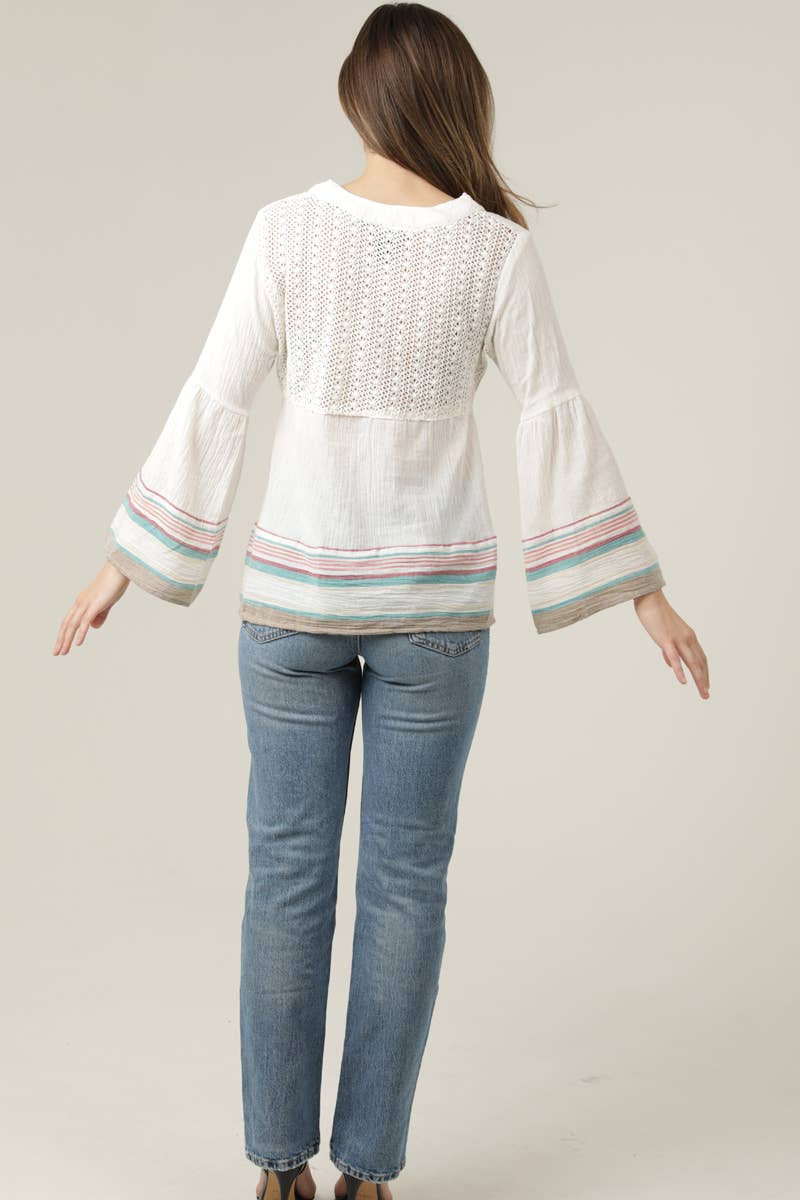 Lace Trim Lace Back V-Neck Flare Sleeve Stripe Top