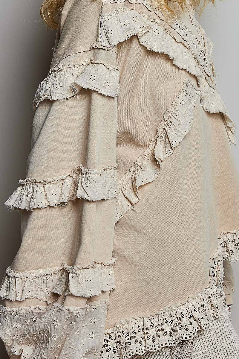 French Terry Eyelet Ruffle Vintage Washing Solid Knit Top
