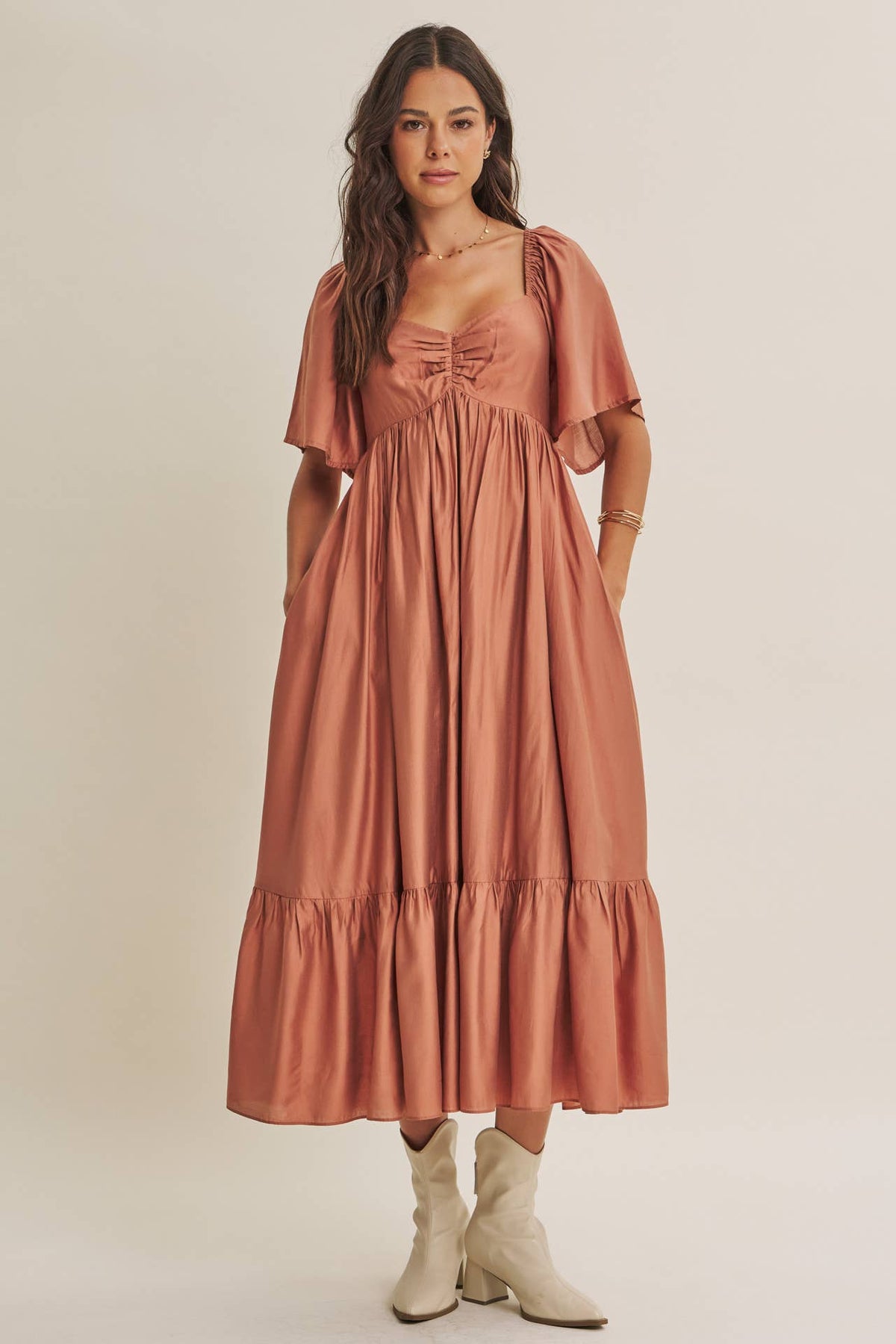 WHISPERING WILLOW FLATTERING SWEETHEART SMOCKED MIDI DRESS