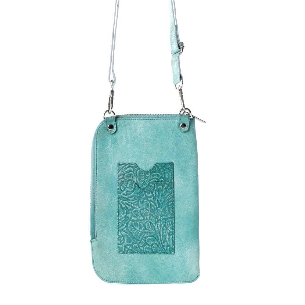 Coyote Bloom Embossed mini sling for Women in aqua with floral detail
