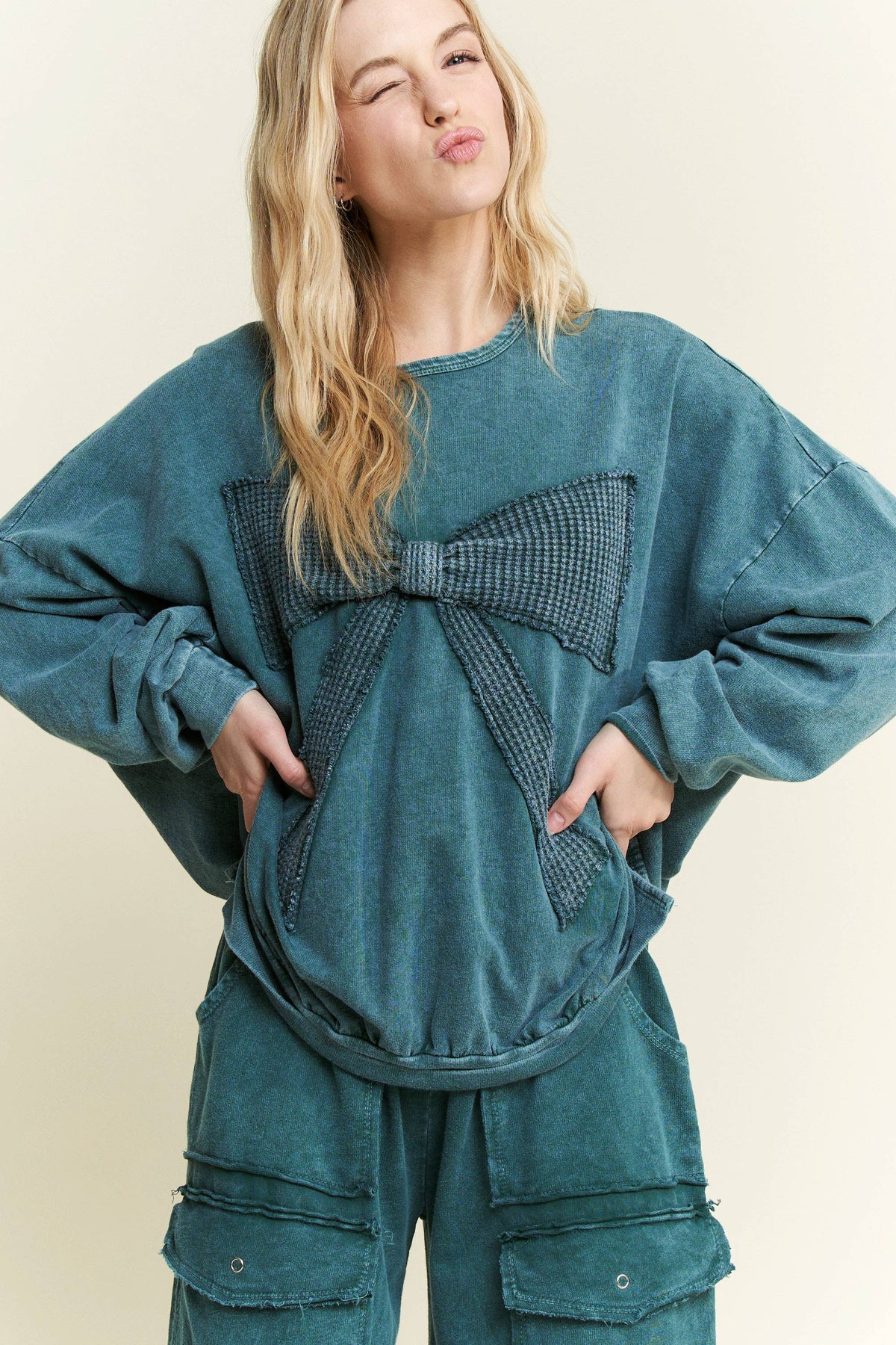 I'm a gift for you Waffle Ribbon bow terry top HT6129