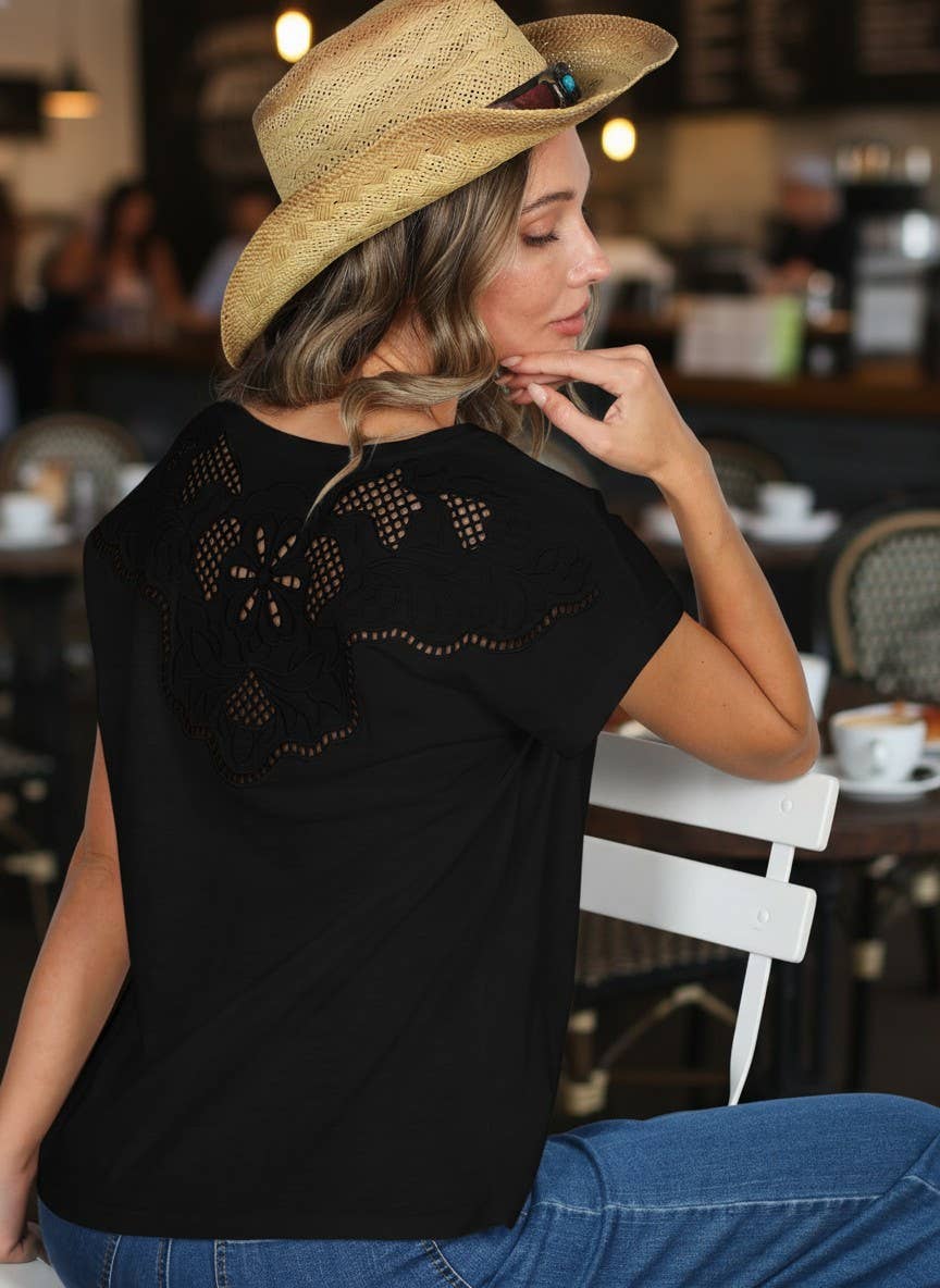Intricate Embroidery Accent Back 100%Cotton Knit Top VT83005
