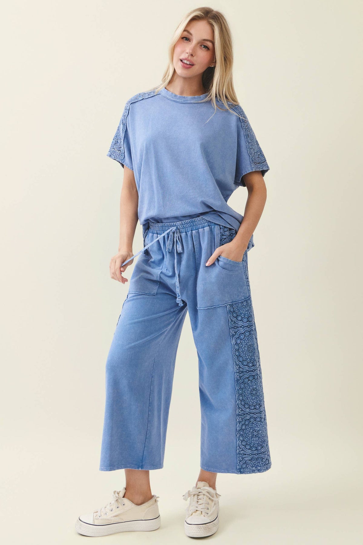 Mineral Washed Boho Trim Wide leg pants HP7035