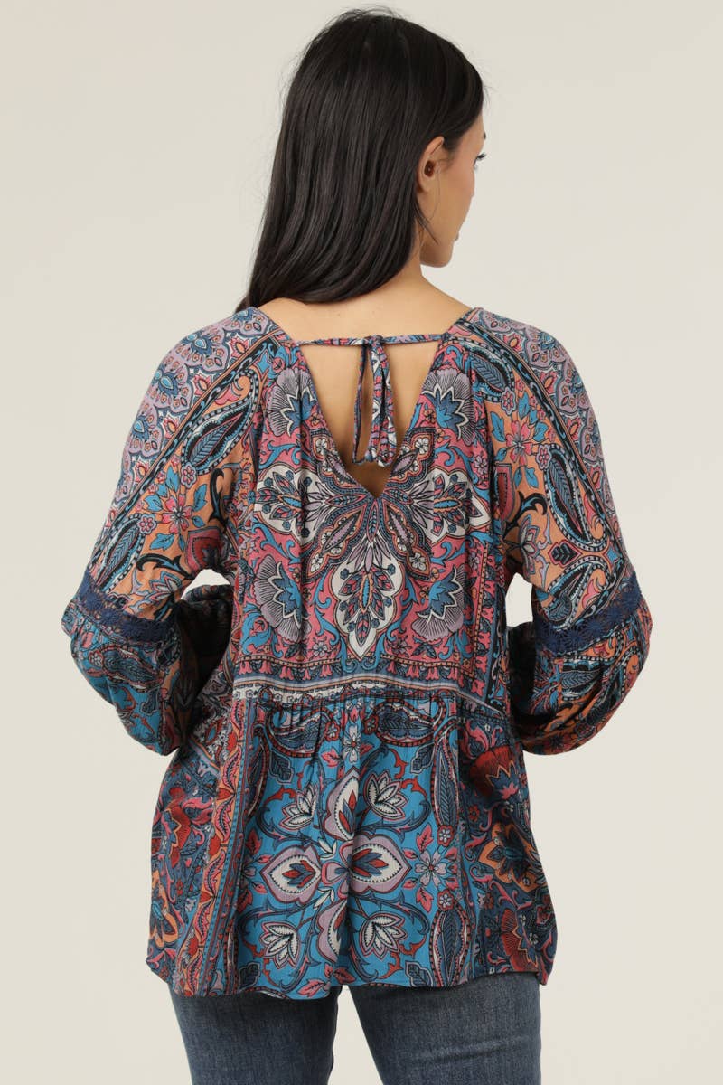 V-Neck Tie Back Patchwork Print Blouse