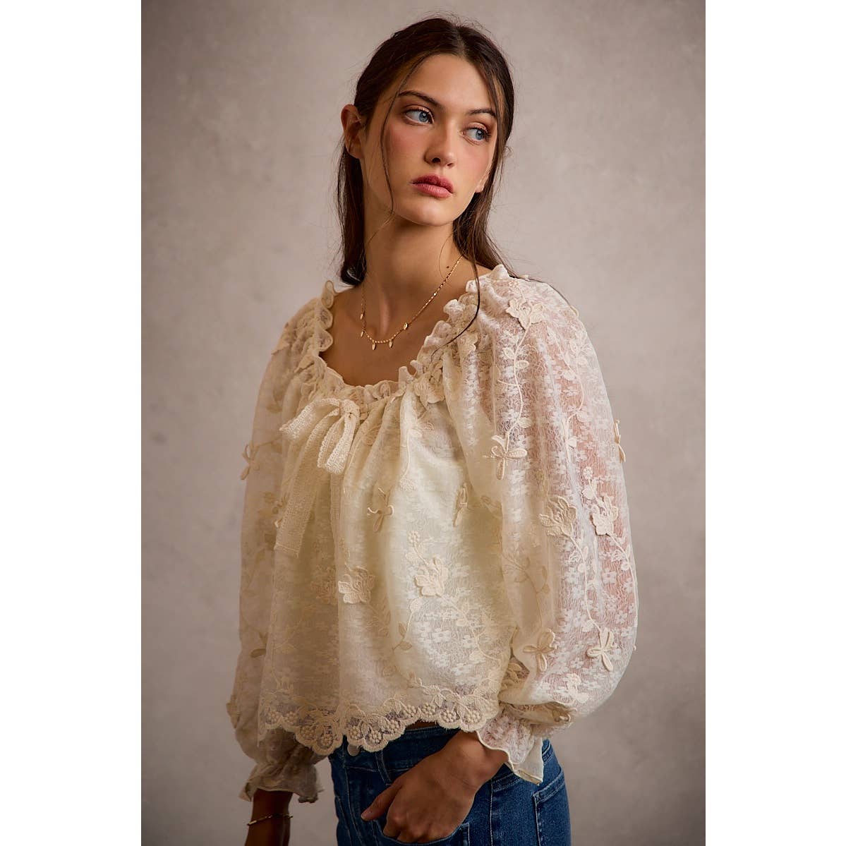 3D Floral Lace Scallop Edge Long Sleeve Blouse