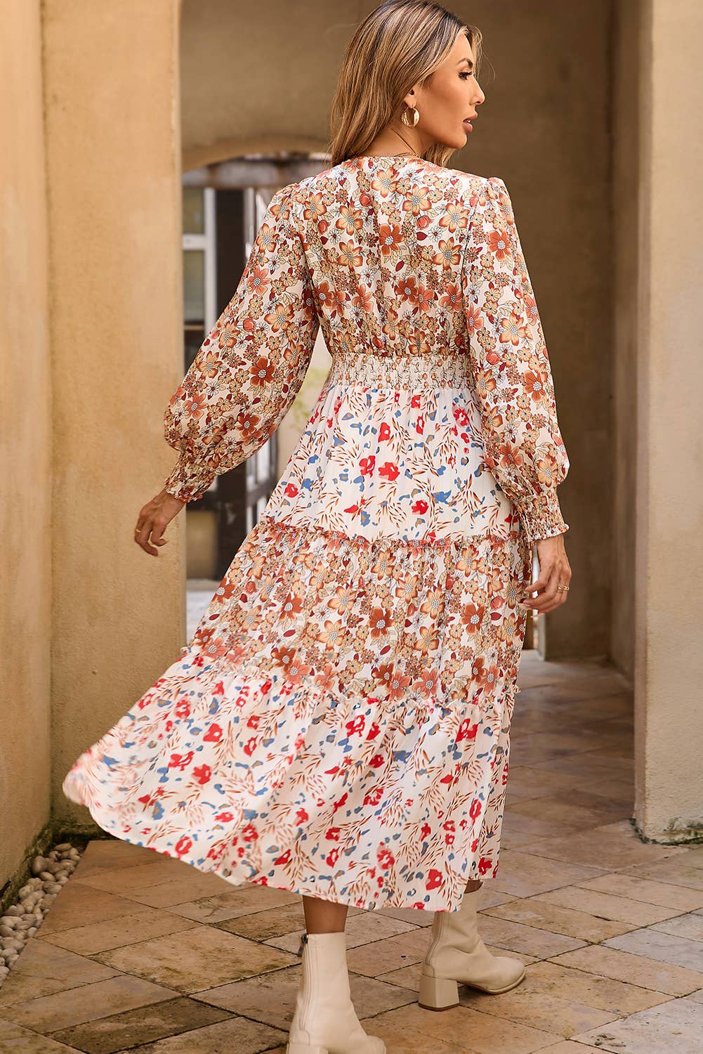 Floral Print Ruffled Tiered Long Sleeve Midi Dress