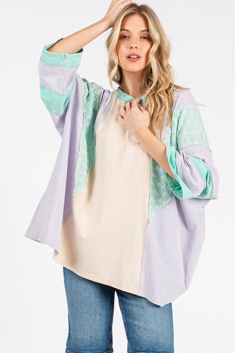 Mineral Washed Floral Patch Oversized Top