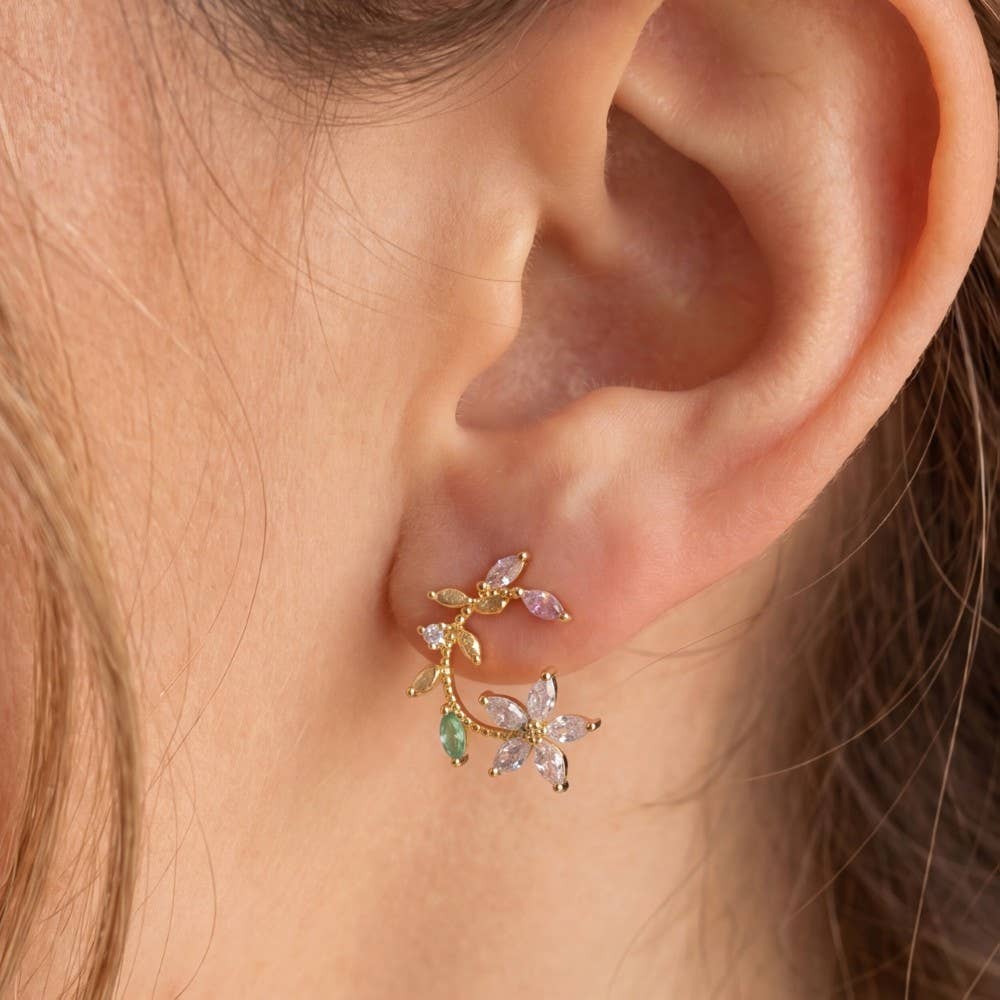 Gold Dipped Cz Leaf And Flower Circle Stud Earrings