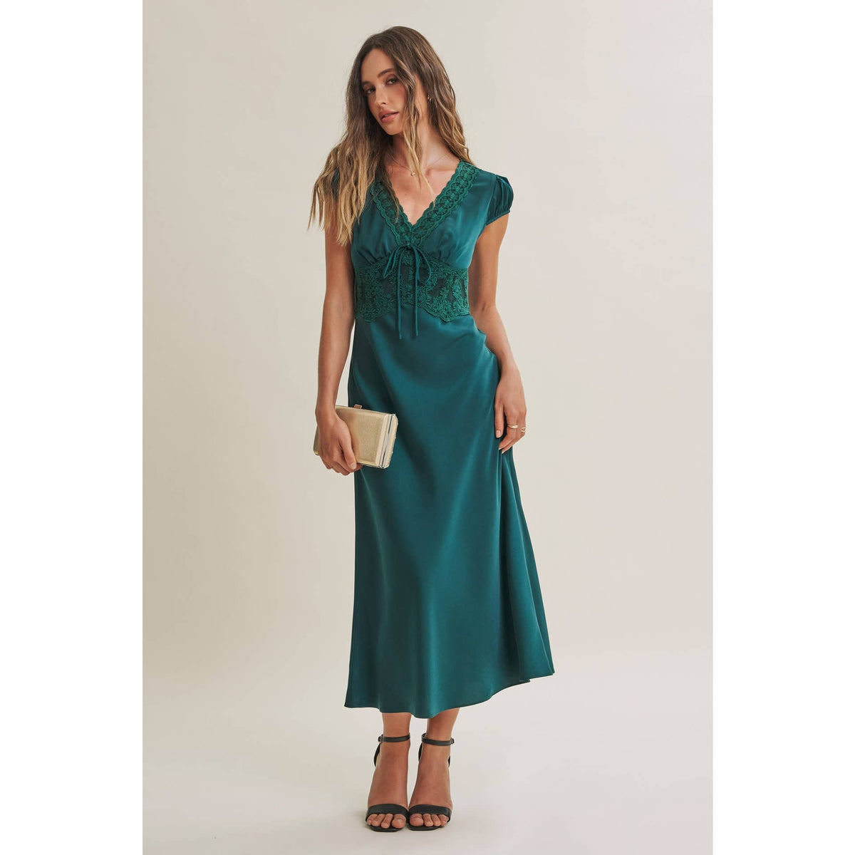 Graceful Drape Bias Cut Silky Satin Lace Midi Dress