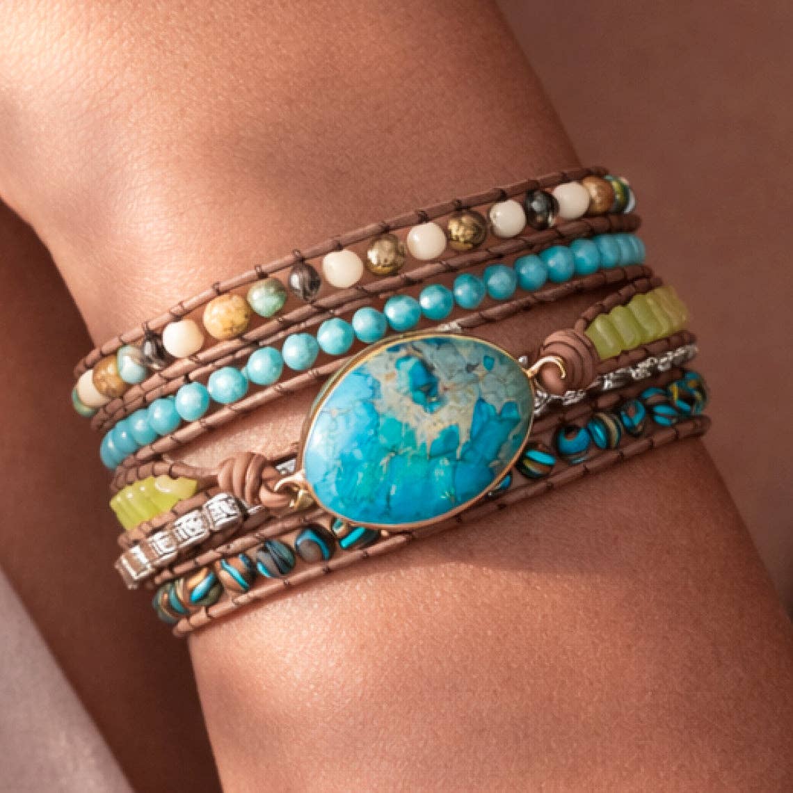 Leather Cord Wrap Bracelet, Healing Stone Bracelet - 4970