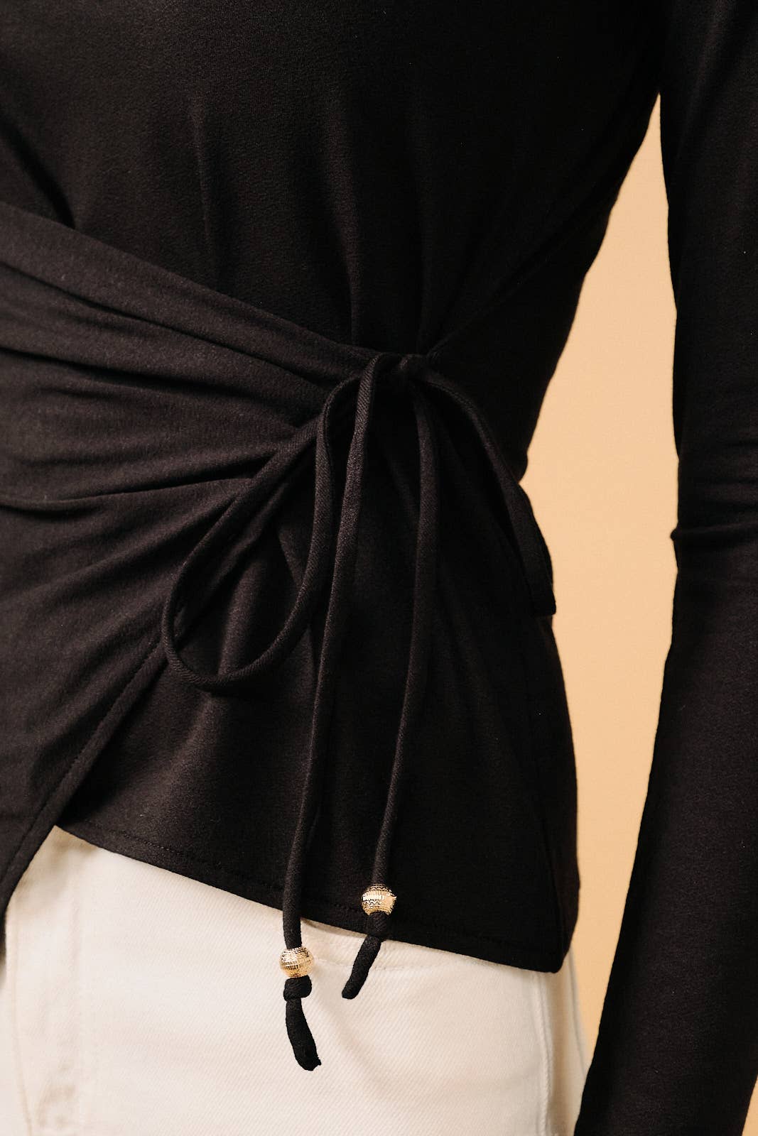 Boatneck Long Sleeve Asymmetric Pleats Side Tie Top