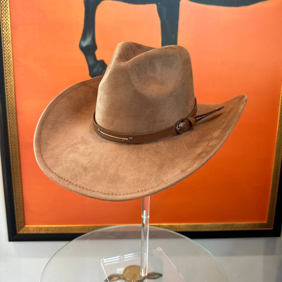 Vegan Suede Cowboy hat stiff Brim W/ Leather Belt