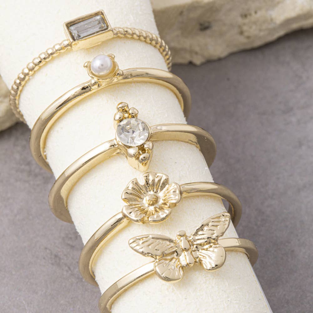 Cz Pearl Flower And Butterfly Ring Set