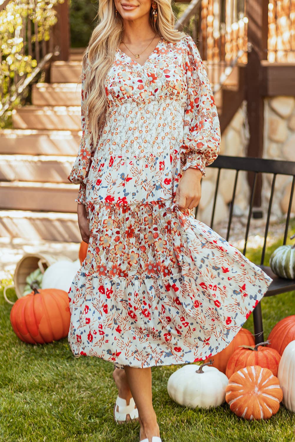 Floral Print Ruffled Tiered Long Sleeve Midi Dress
