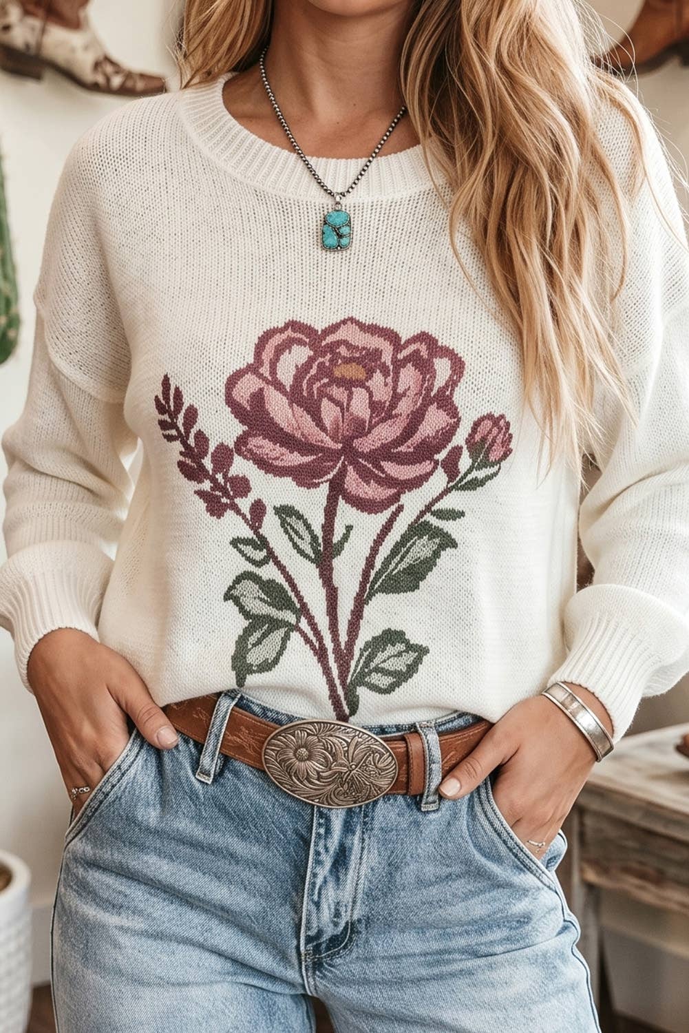 LDC Western Floral Long Sleeve Loose Fit Pullover Knit Top