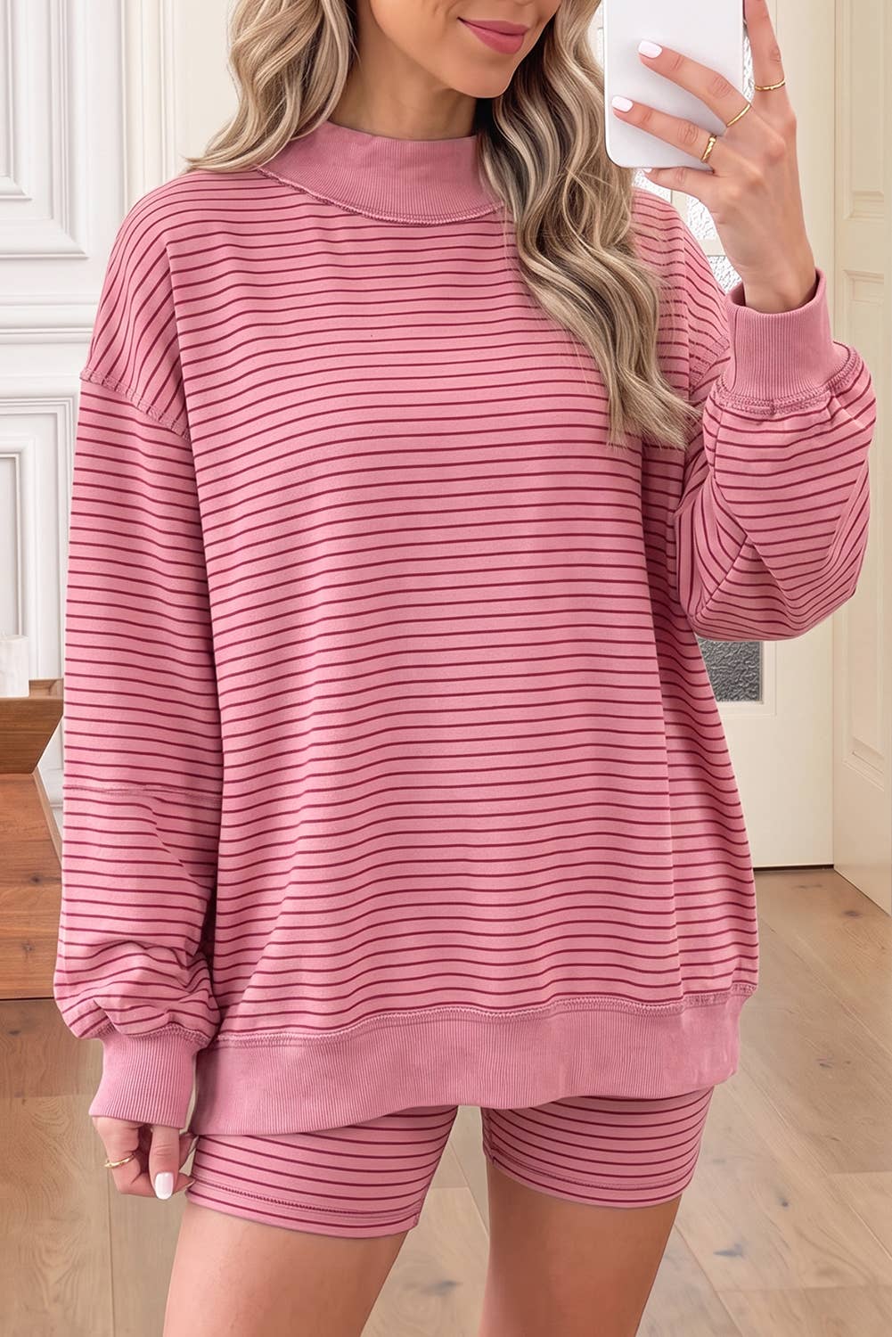 Stripe Mock Neck Pullover & Matching Shorts Set