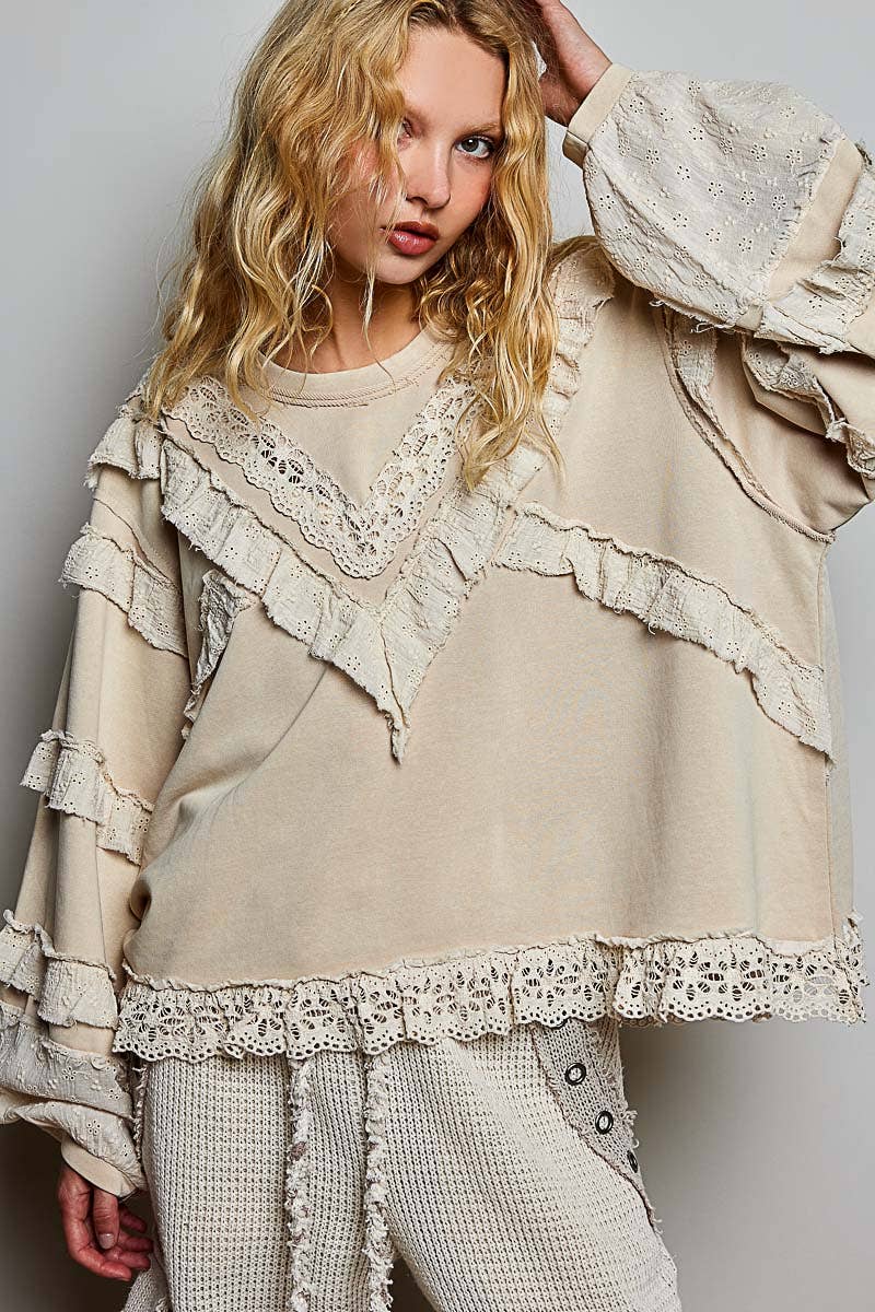 French Terry Eyelet Ruffle Vintage Washing Solid Knit Top