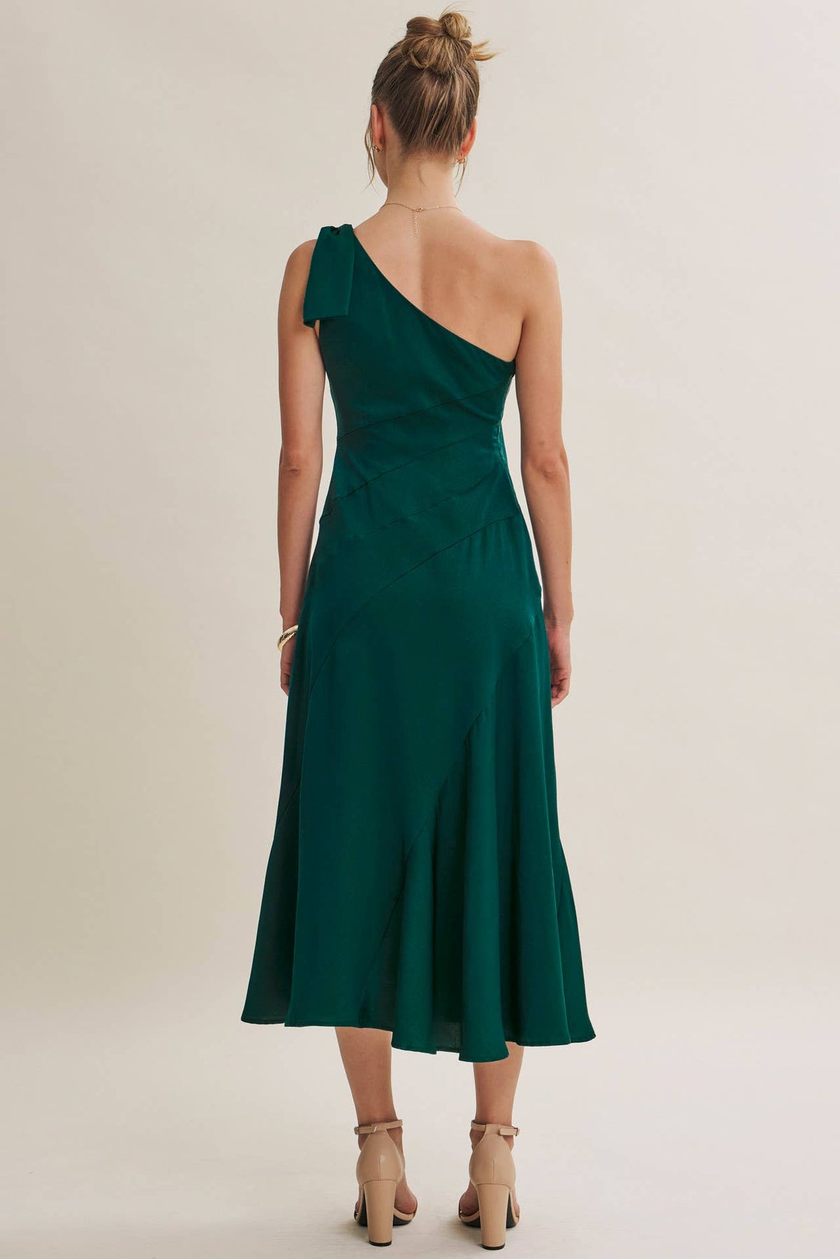 PARTY GLAM ONE-SHOULDER BOW MIDI DRESS W/ SCULPTING SEAM