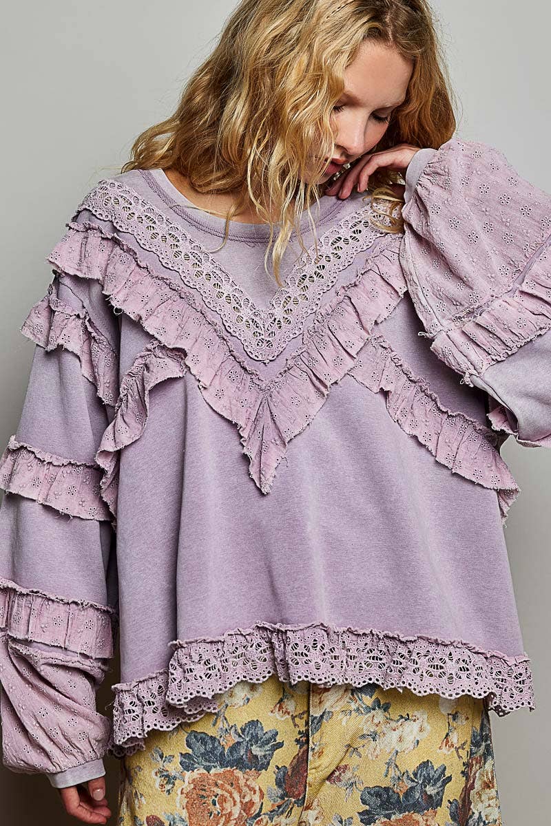 French Terry Eyelet Ruffle Vintage Washing Solid Knit Top