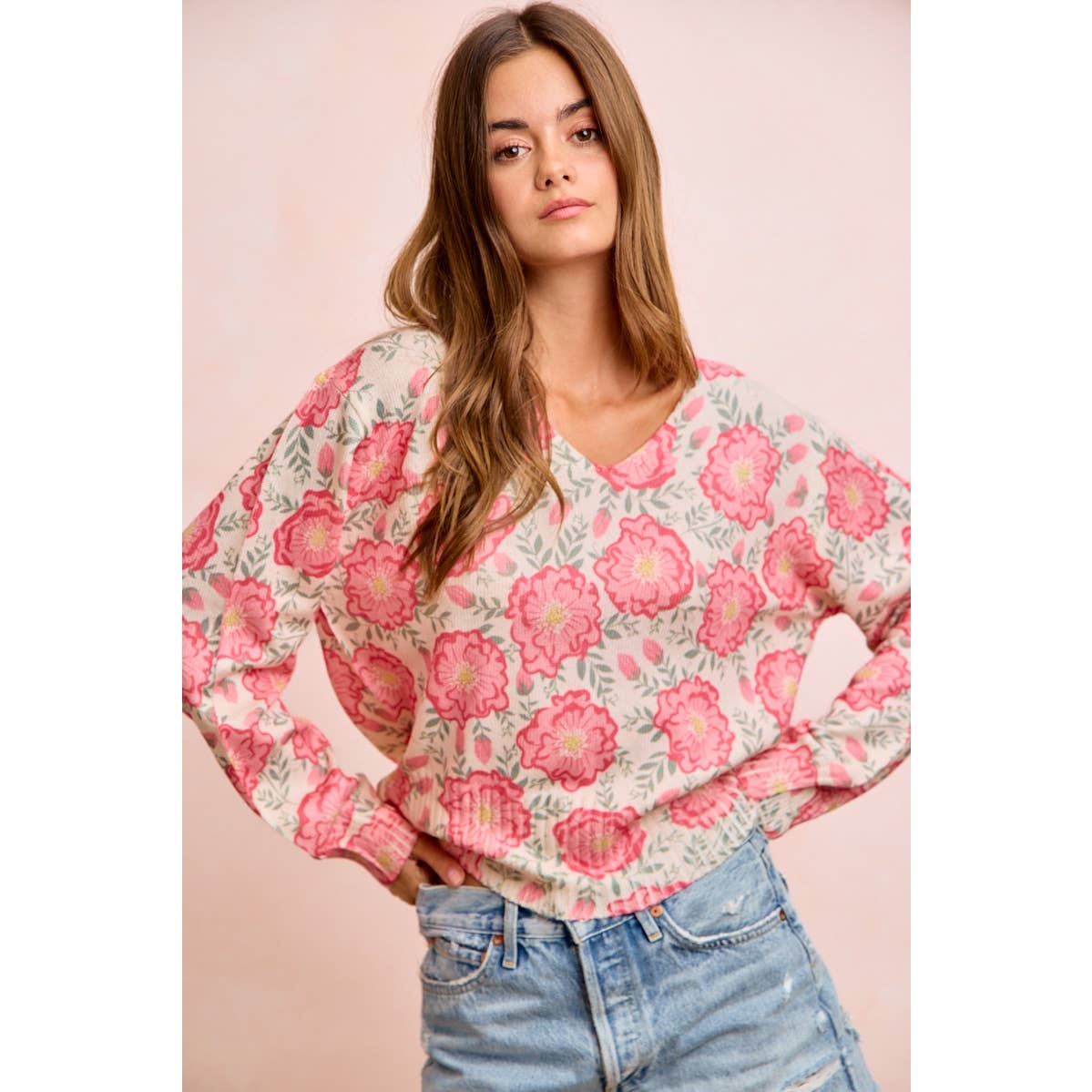 Flower Printed V-Neck Knit Top with Balloon Sleeves