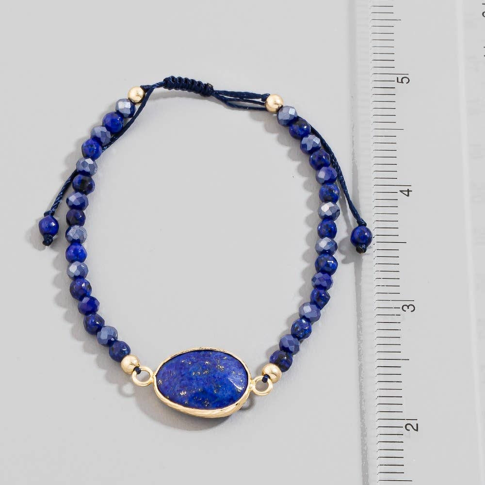 Faceted Semi Precious Oval Stone Charm Beaded Cord Bracelet
