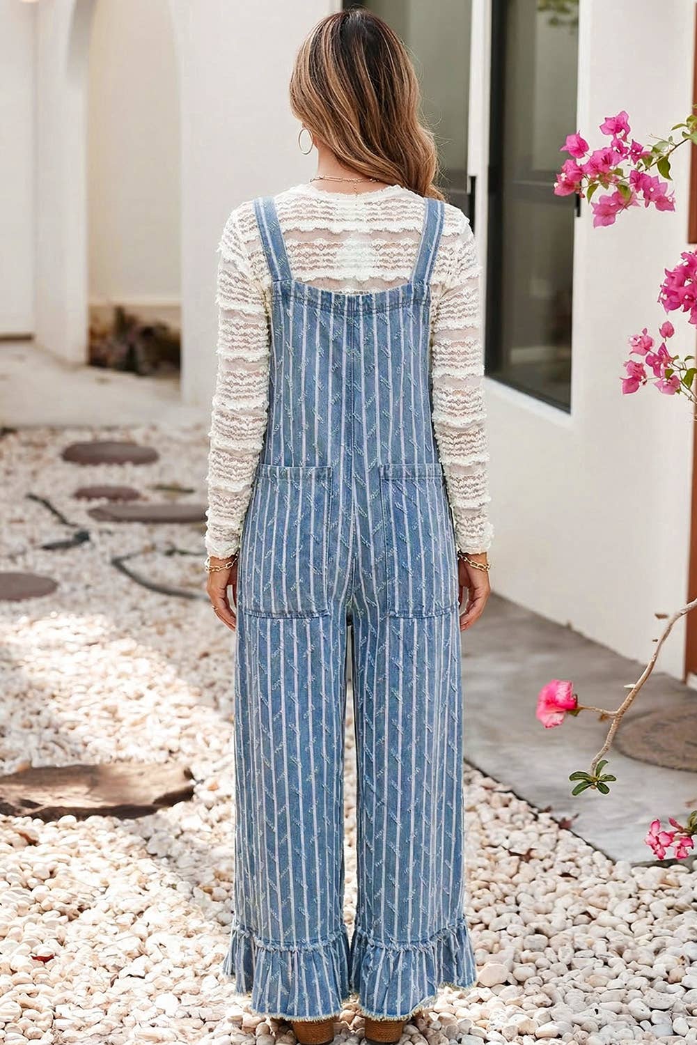 Striped Distressed Ruffled Wide Leg Denim Overalls