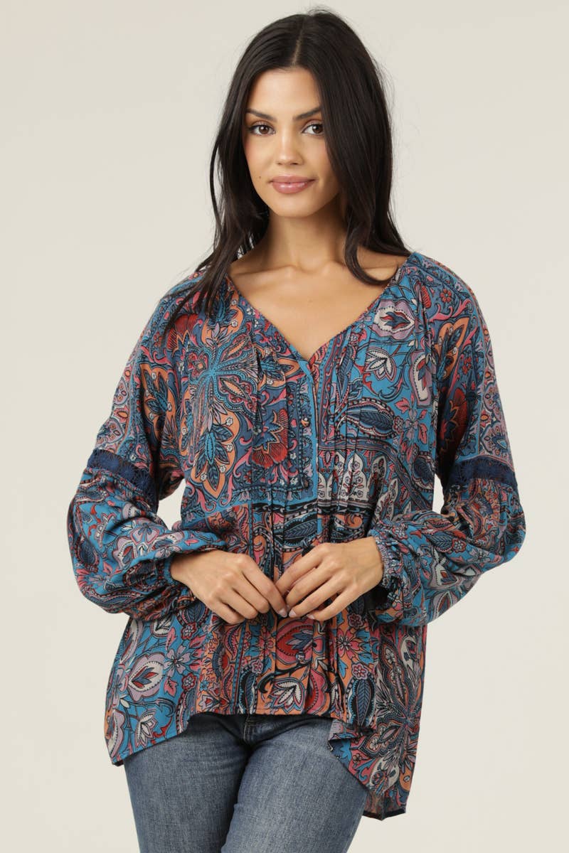 V-Neck Tie Back Patchwork Print Blouse