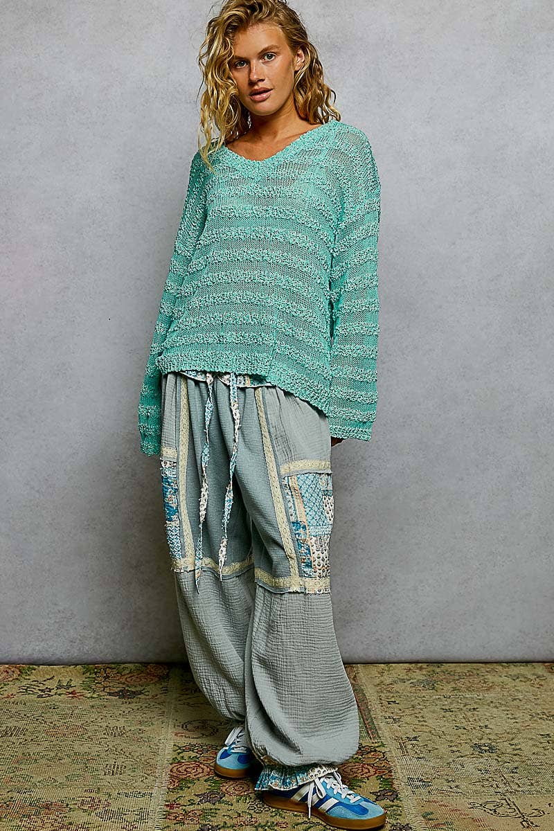 V Neck Long Sleeve Striped Knit Acrylic Thin Sweater