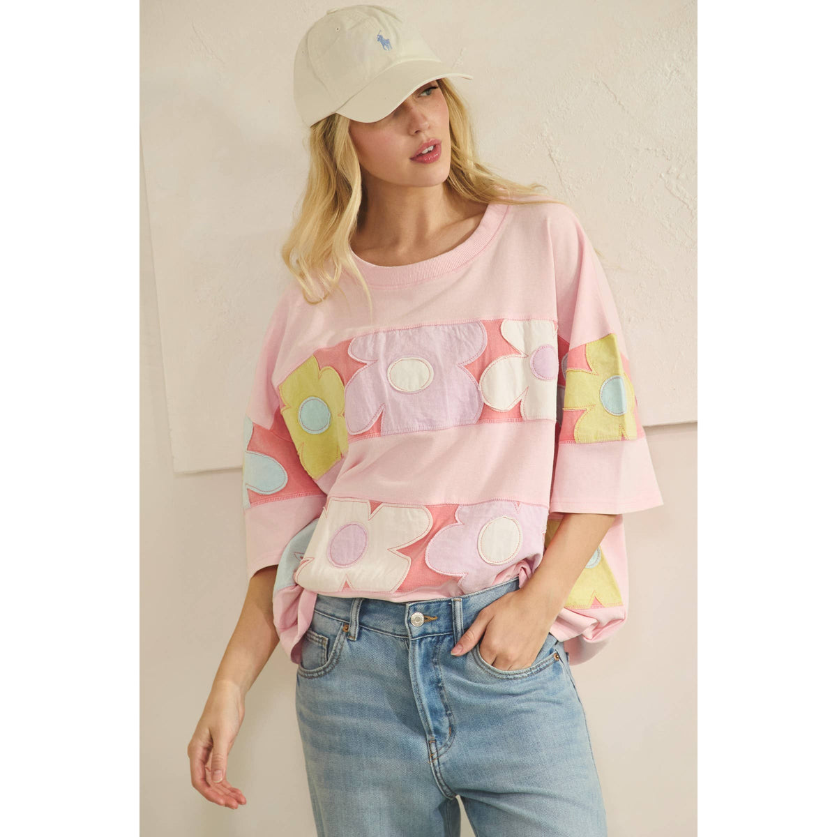 PASTEL FLORAL PATCHWORK OVERSIZED TEE (ST7836)