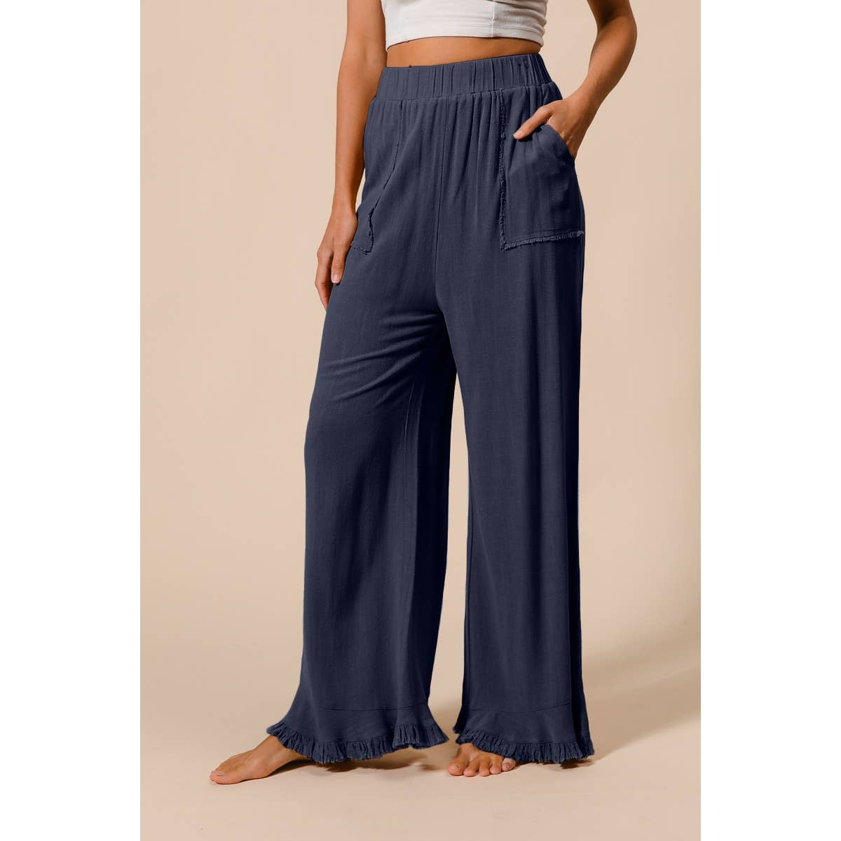 Washed Frayed Pants with Side Pocket