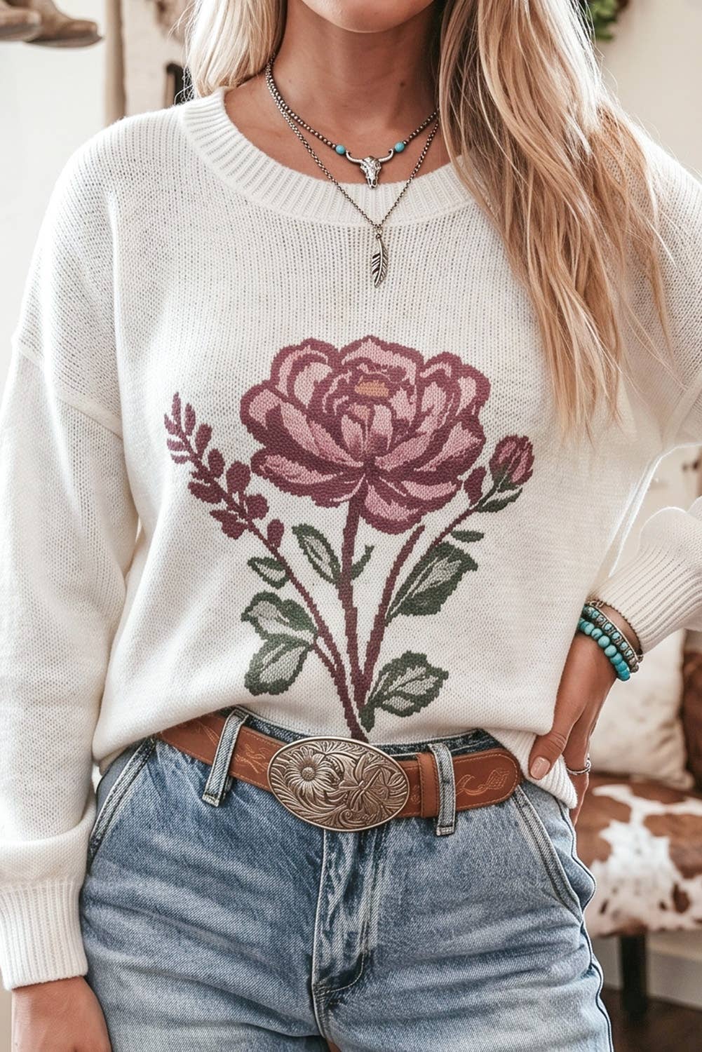 LDC Western Floral Long Sleeve Loose Fit Pullover Knit Top