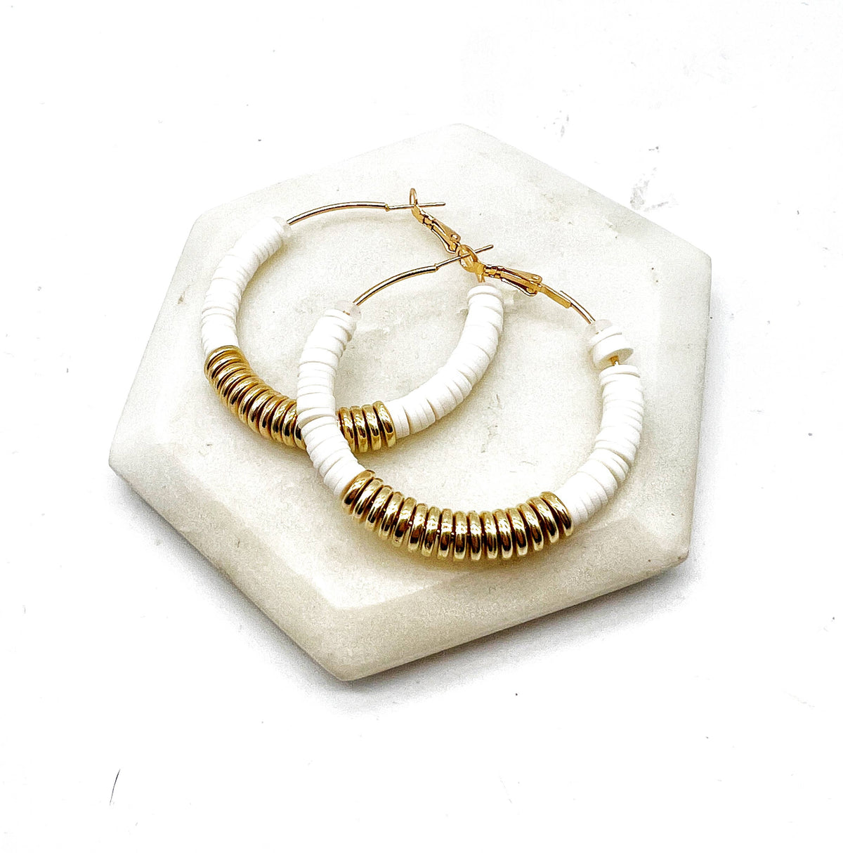 White Gold Heishi Hoop Earrings