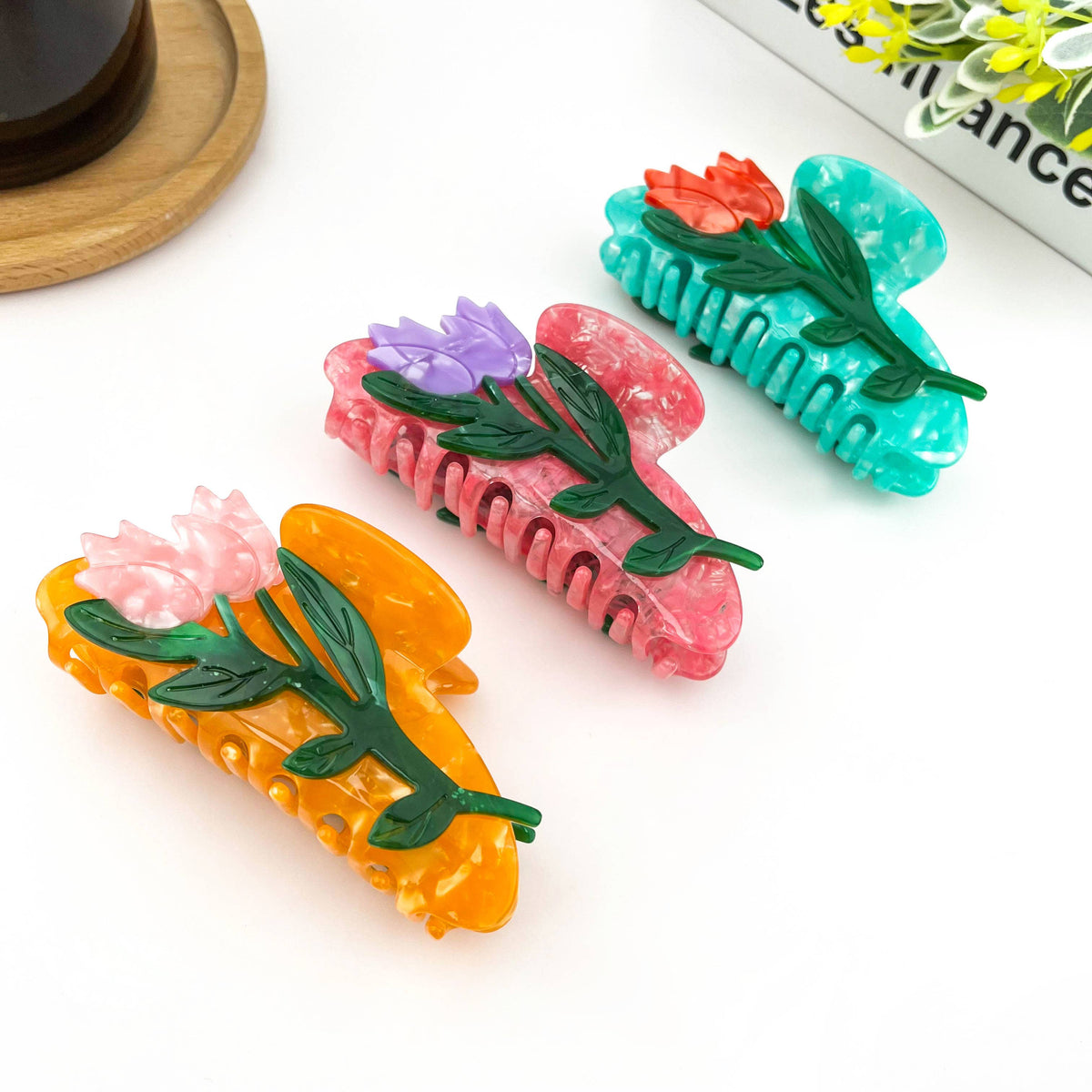 Acetate Tulip Hair Clip, 3D Flower Half-Round Claw Clip