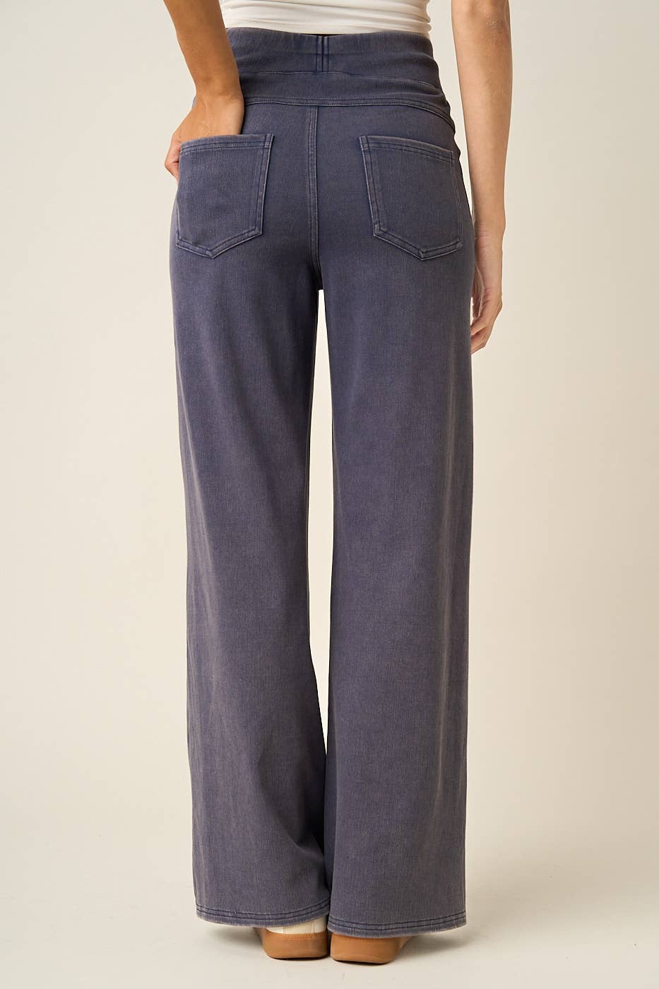 WASHED DENIM ELASTIC WAISTBAND WIDE LEG PANTS