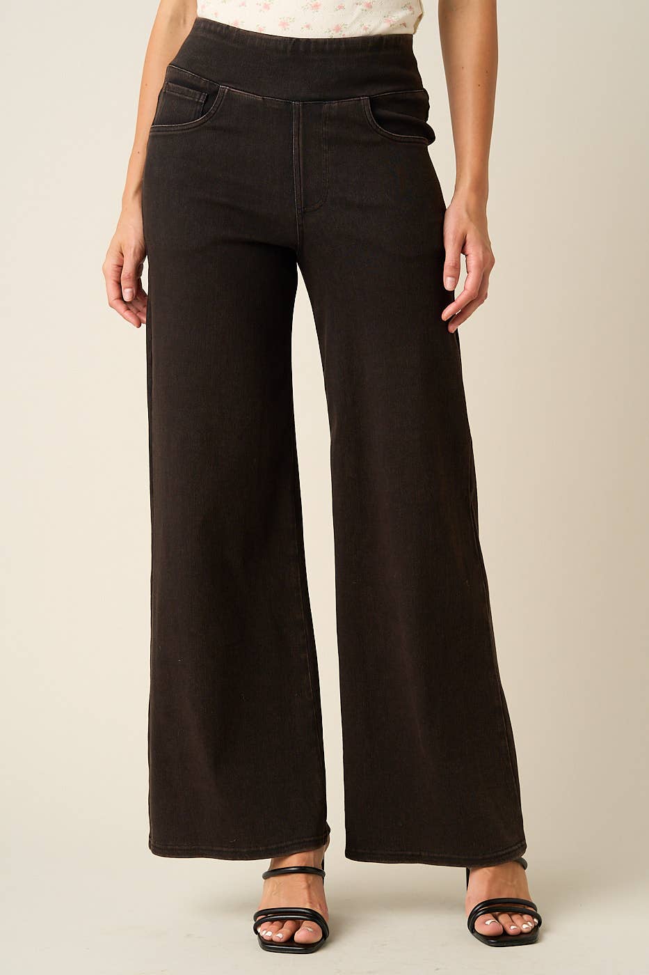 WASHED DENIM ELASTIC WAISTBAND WIDE LEG PANTS