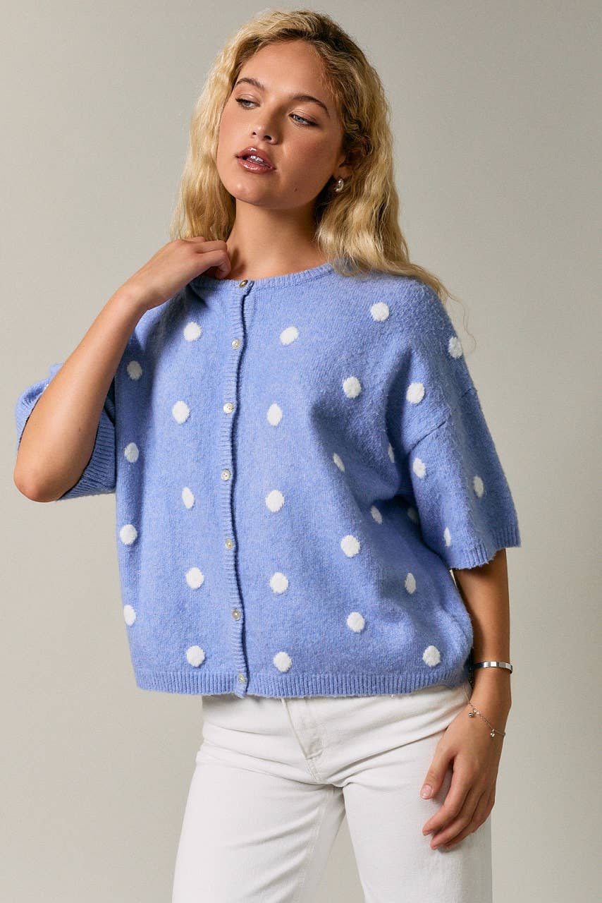 SHORT SLEEVE CREW NECK POLKA DOT SWEATER CARDIGAN