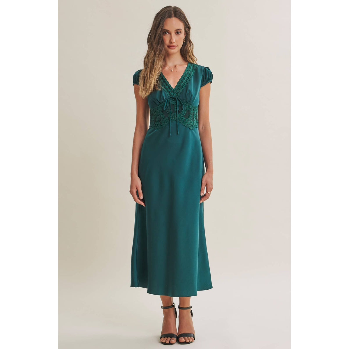 Graceful Drape Bias Cut Silky Satin Lace Midi Dress