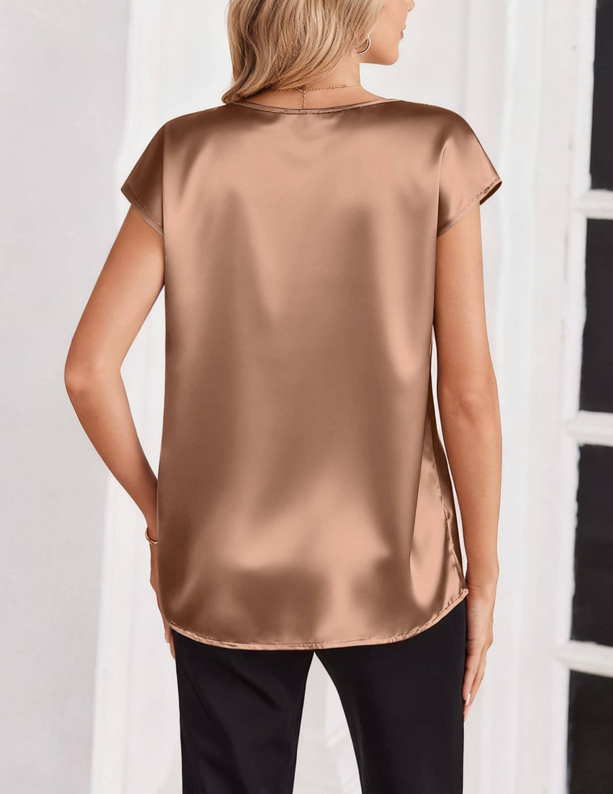 Teal V Neck Short Sleeve Satin Blouse/ Large