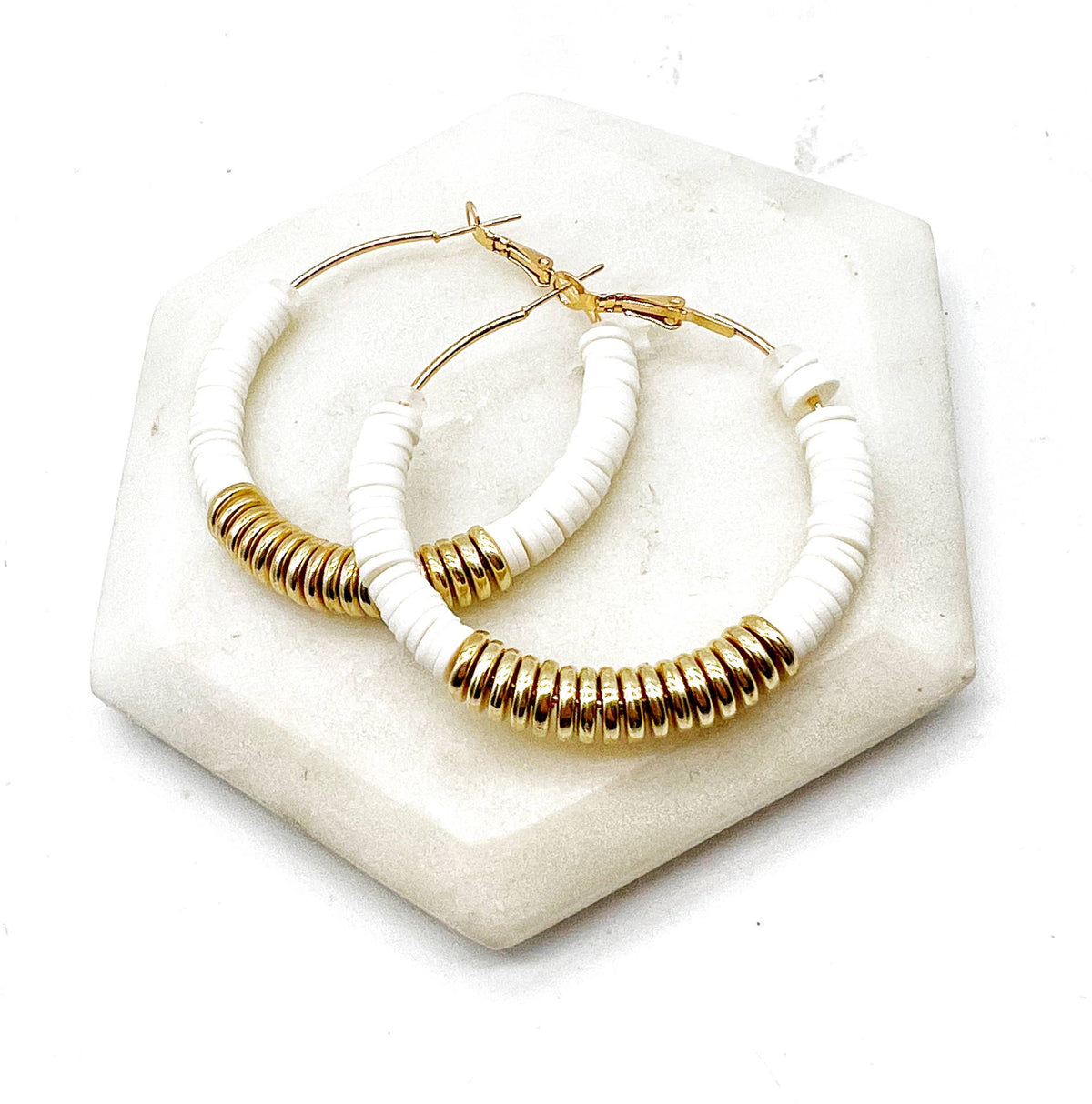 White Gold Heishi Hoop Earrings
