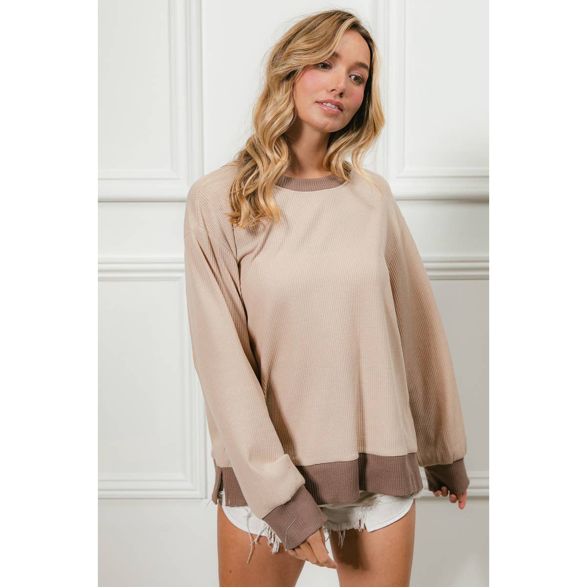 Color Block Waffle Thermal Pullover