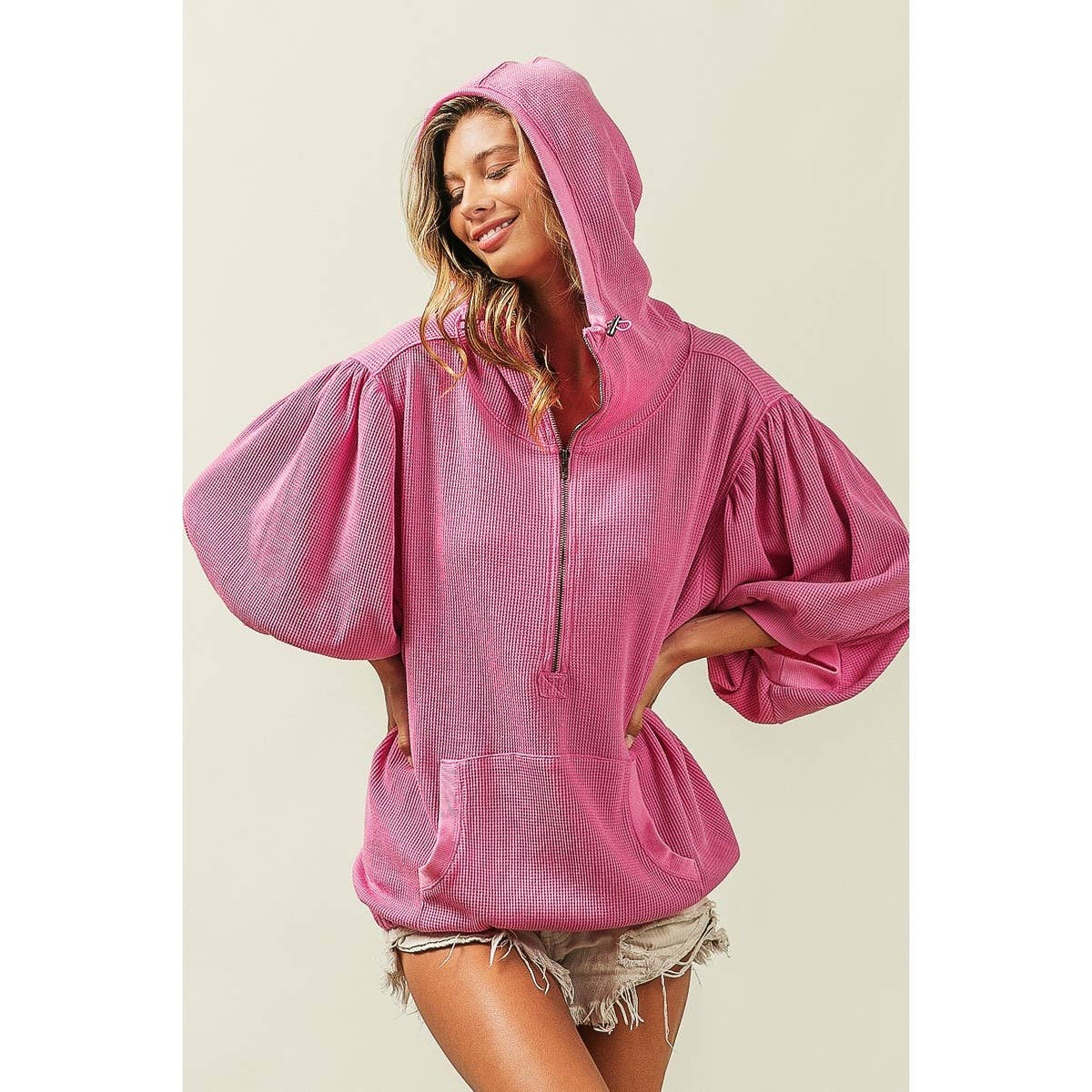 Three-Quarter Puff Sleeve Half Zip Washed Waffle Thermal Hoodie