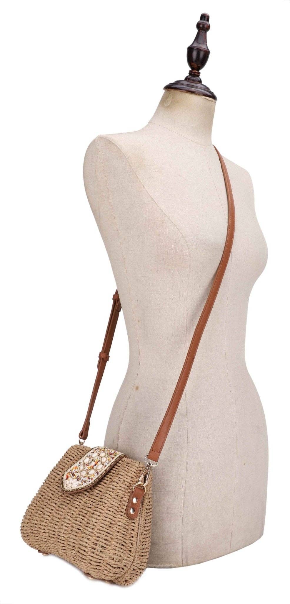 Straw Crossbody Bag With Beaded Buckle
