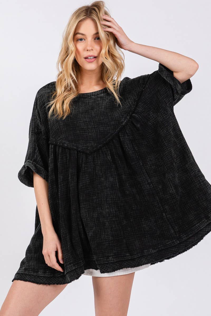 Mineral Washed Fringe Hem Oversizes Top