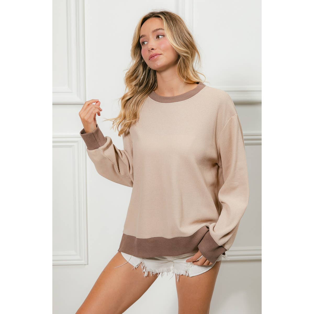 Color Block Waffle Thermal Pullover