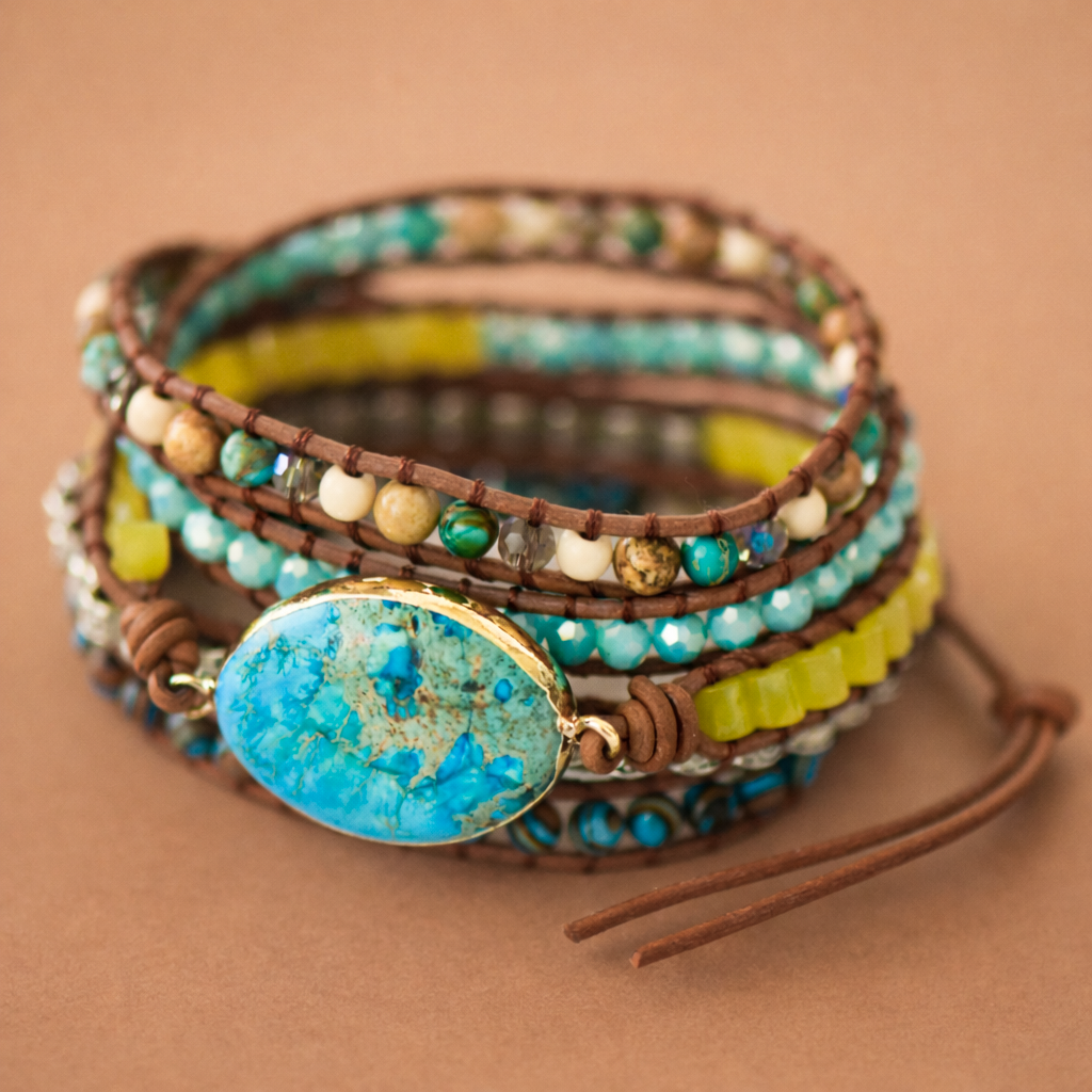 Leather Cord Wrap Bracelet, Healing Stone Bracelet - 4970