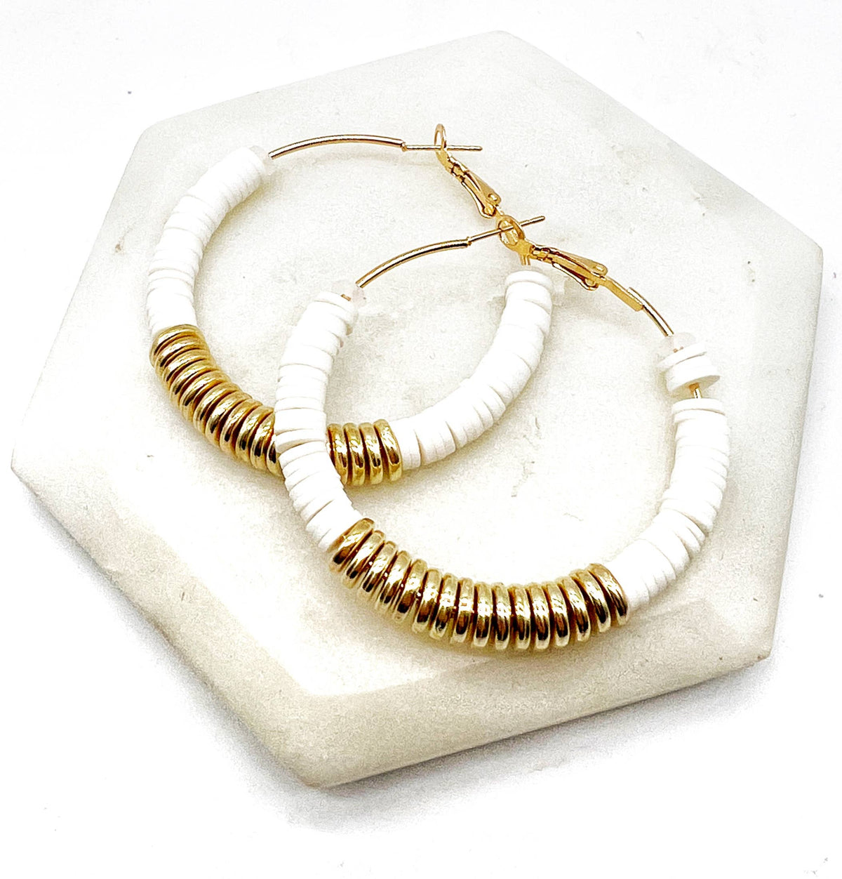 White Gold Heishi Hoop Earrings