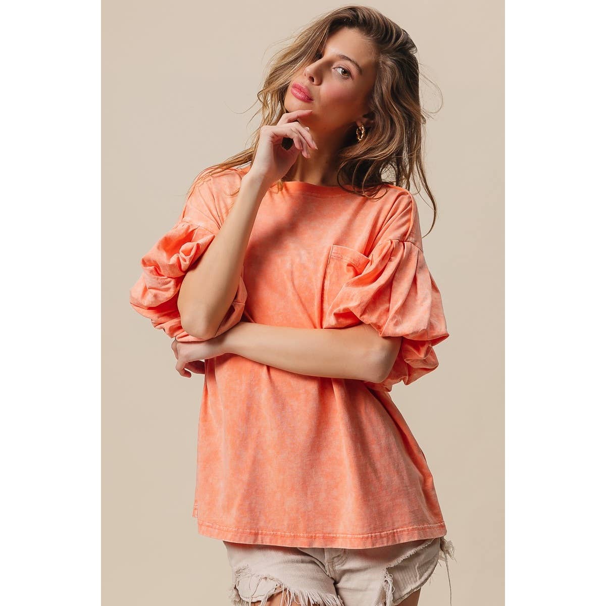 Mineral Washed Puff Sleeve Jersey Top