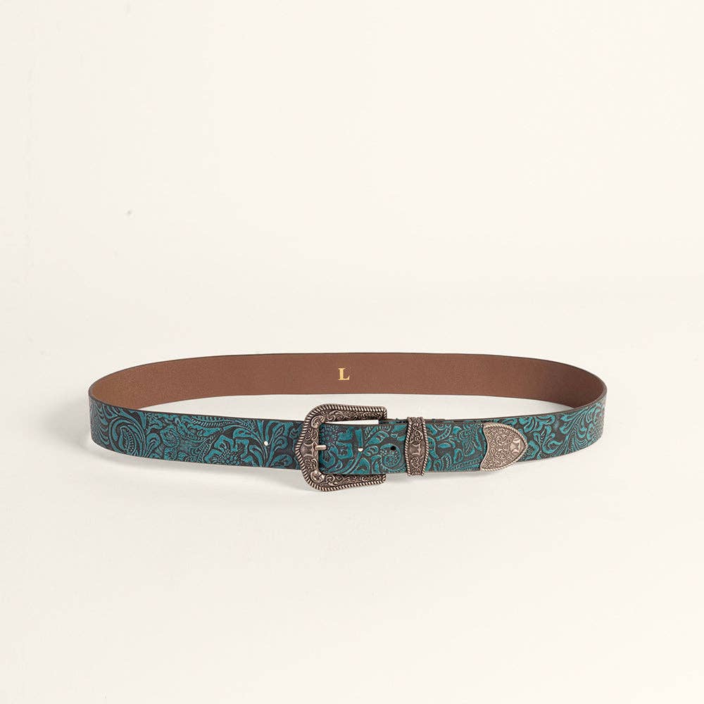 Sophia Turquoise Floral Embossed Leather Belt
