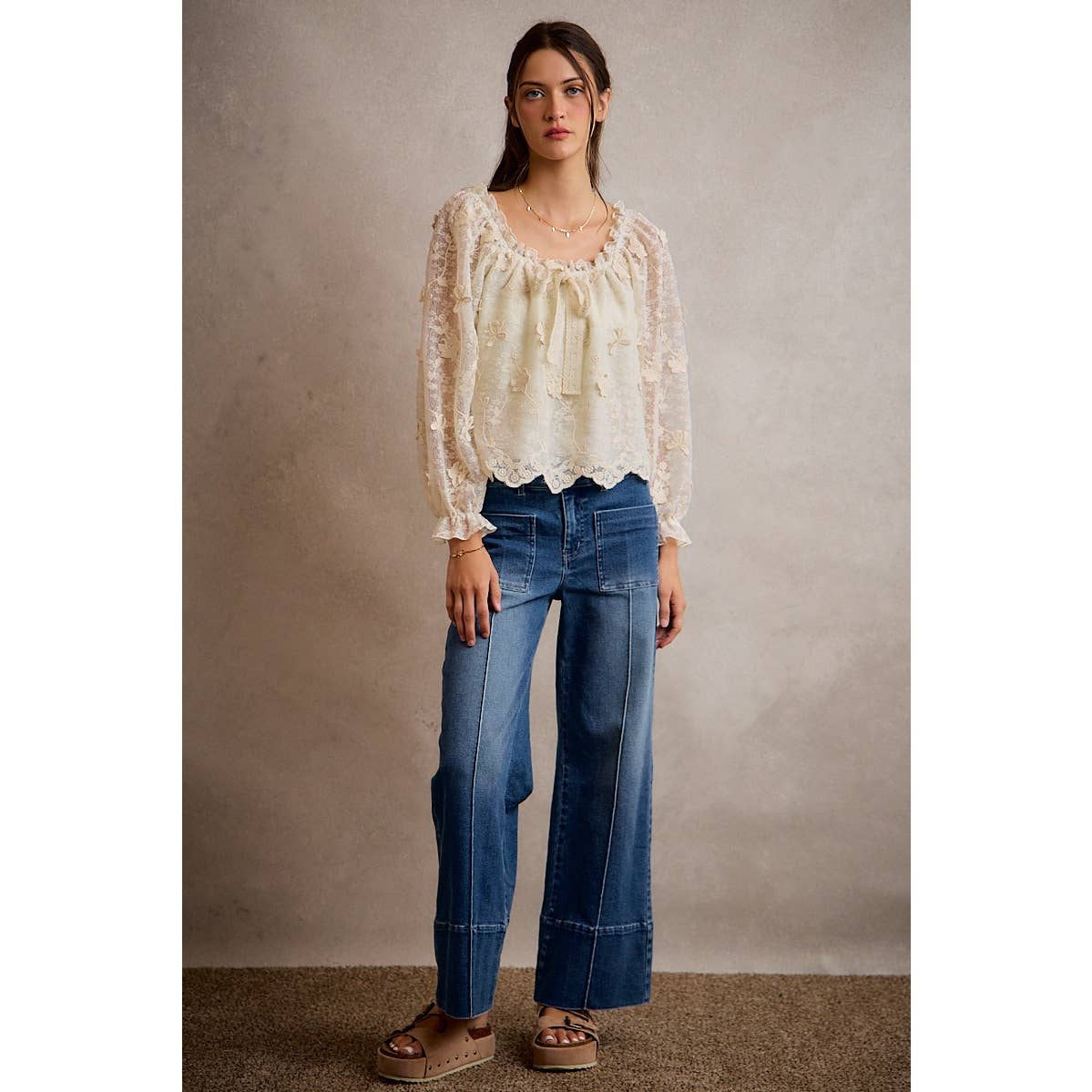 3D Floral Lace Scallop Edge Long Sleeve Blouse
